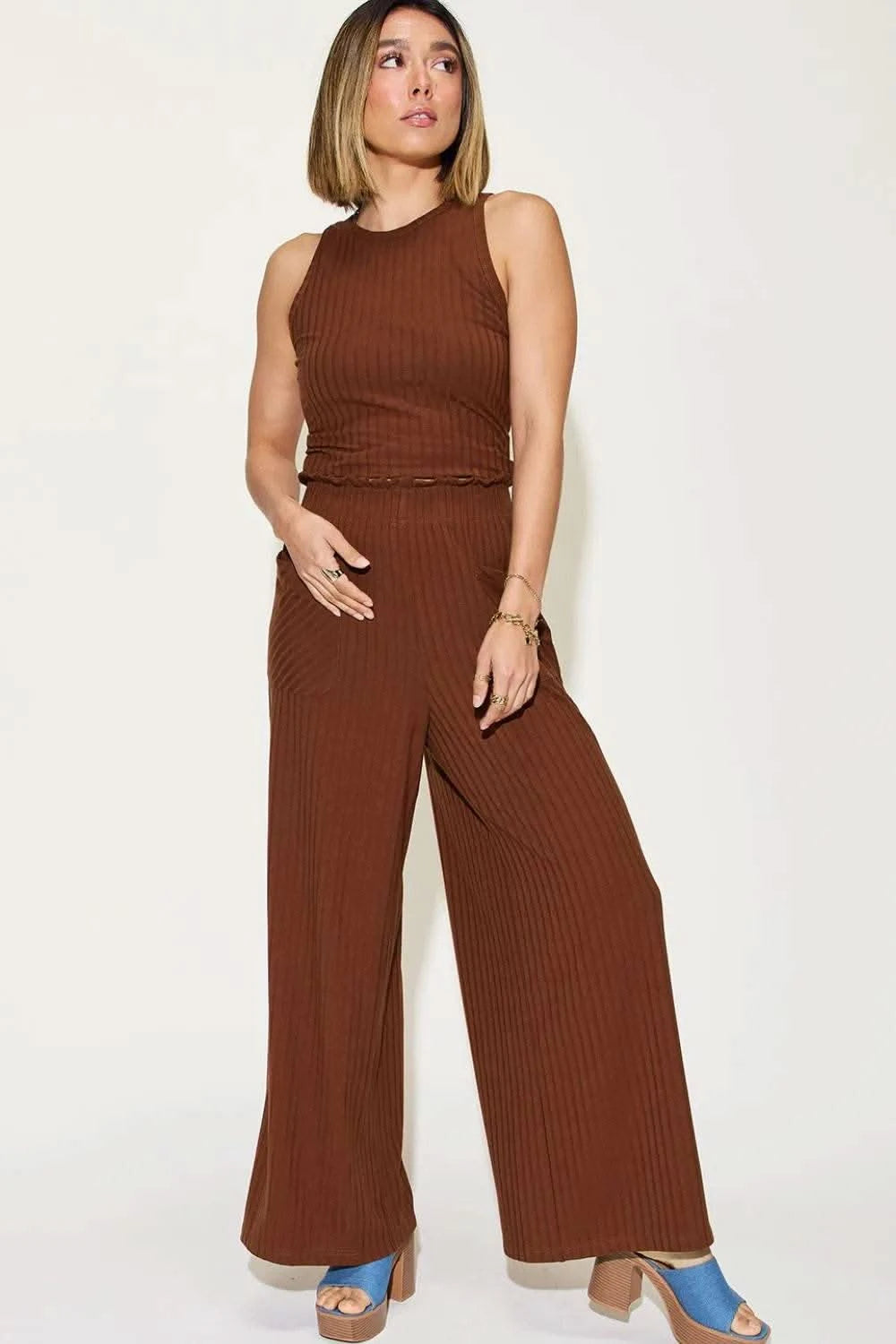 Basic Bae Full Size Ribbed Tank and Wide Leg Pants Set - M & M Global