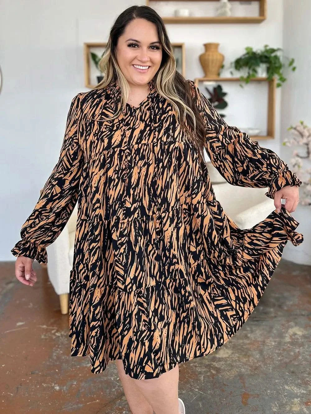 Double Take Full Size Printed Ruffle Hem Long Sleeve Dress - M & M Global