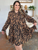 Double Take Full Size Printed Ruffle Hem Long Sleeve Dress - M & M Global