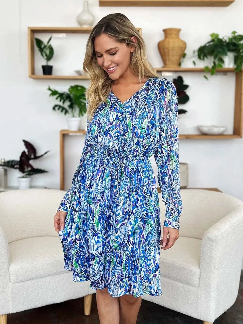 Double Take Full Size Printed Drawstring Waist Long Sleeve Dress - M & M Global