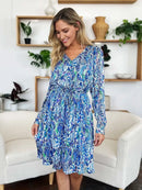 Double Take Full Size Printed Drawstring Waist Long Sleeve Dress - M & M Global
