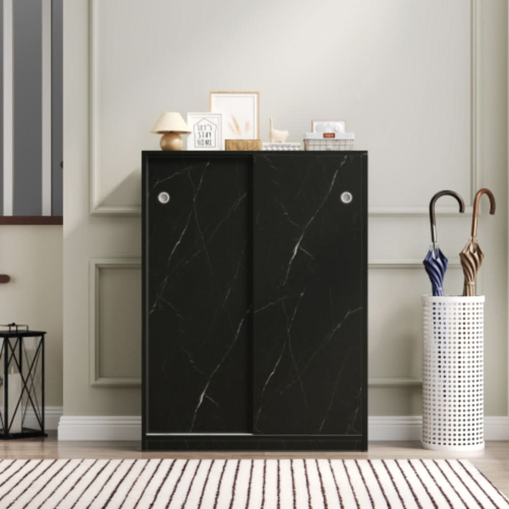 Stylish Marble Black Shoe Cabinet with Sliding Door