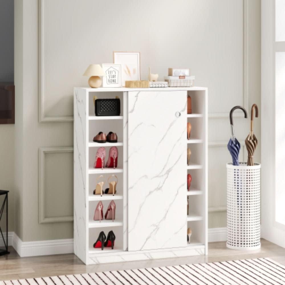 Stylish Marble White Shoe Cabinet with Sliding Door