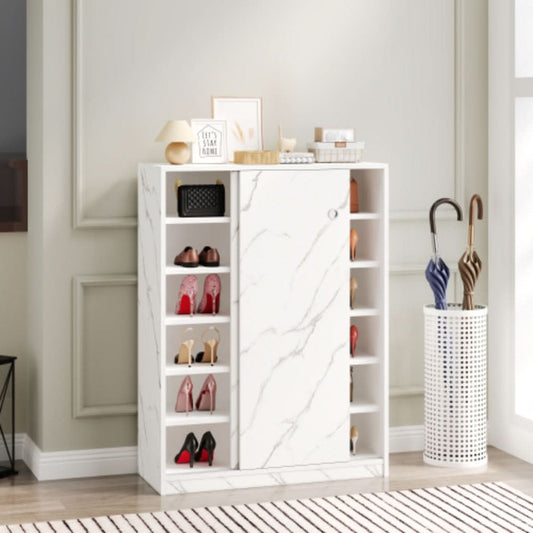 Stylish Marble White Shoe Cabinet with Sliding Door