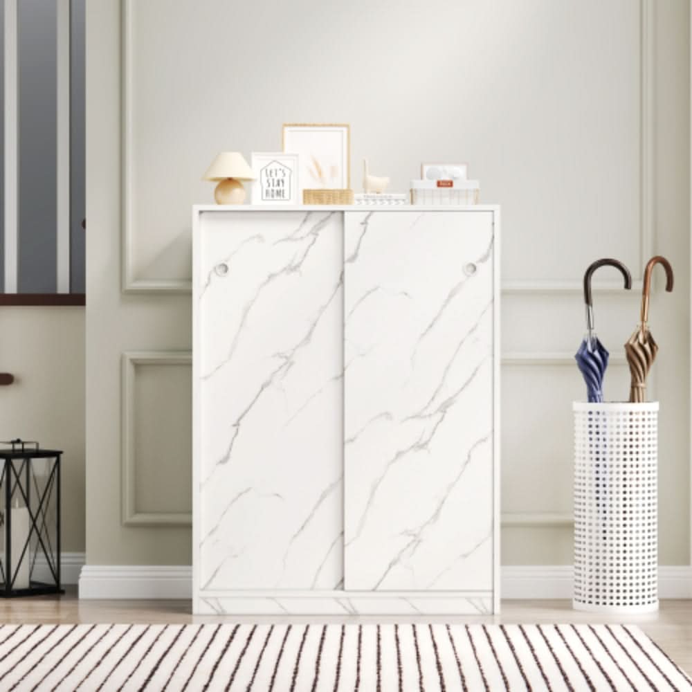 Stylish Marble White Shoe Cabinet with Sliding Door