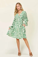 Double Take Full Size Printed Ruched Balloon Sleeve Dress - M & M Global