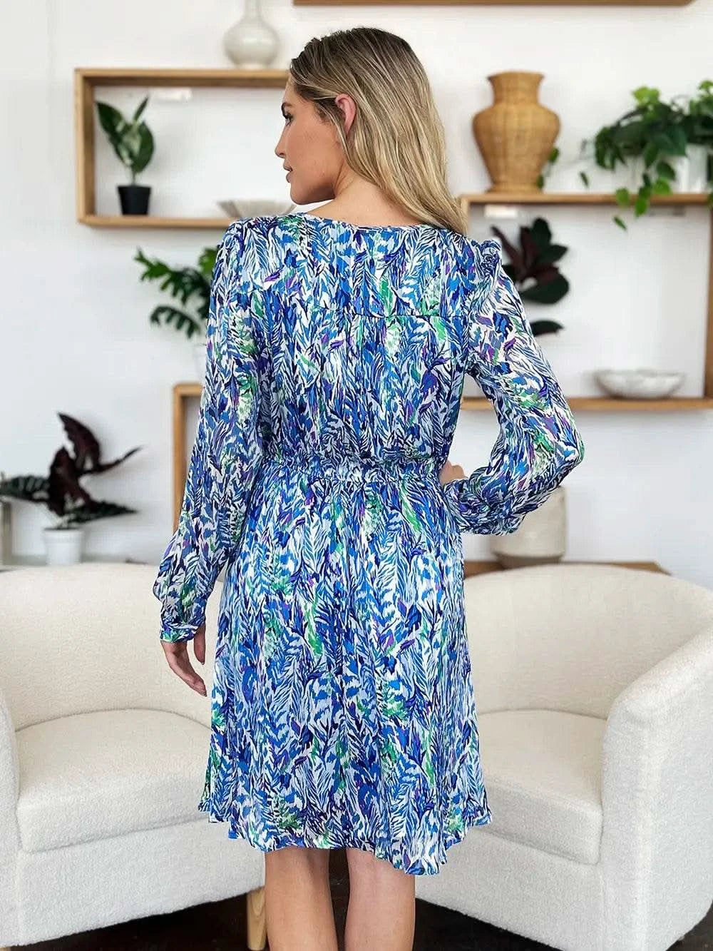 Double Take Full Size Printed Drawstring Waist Long Sleeve Dress - M & M Global