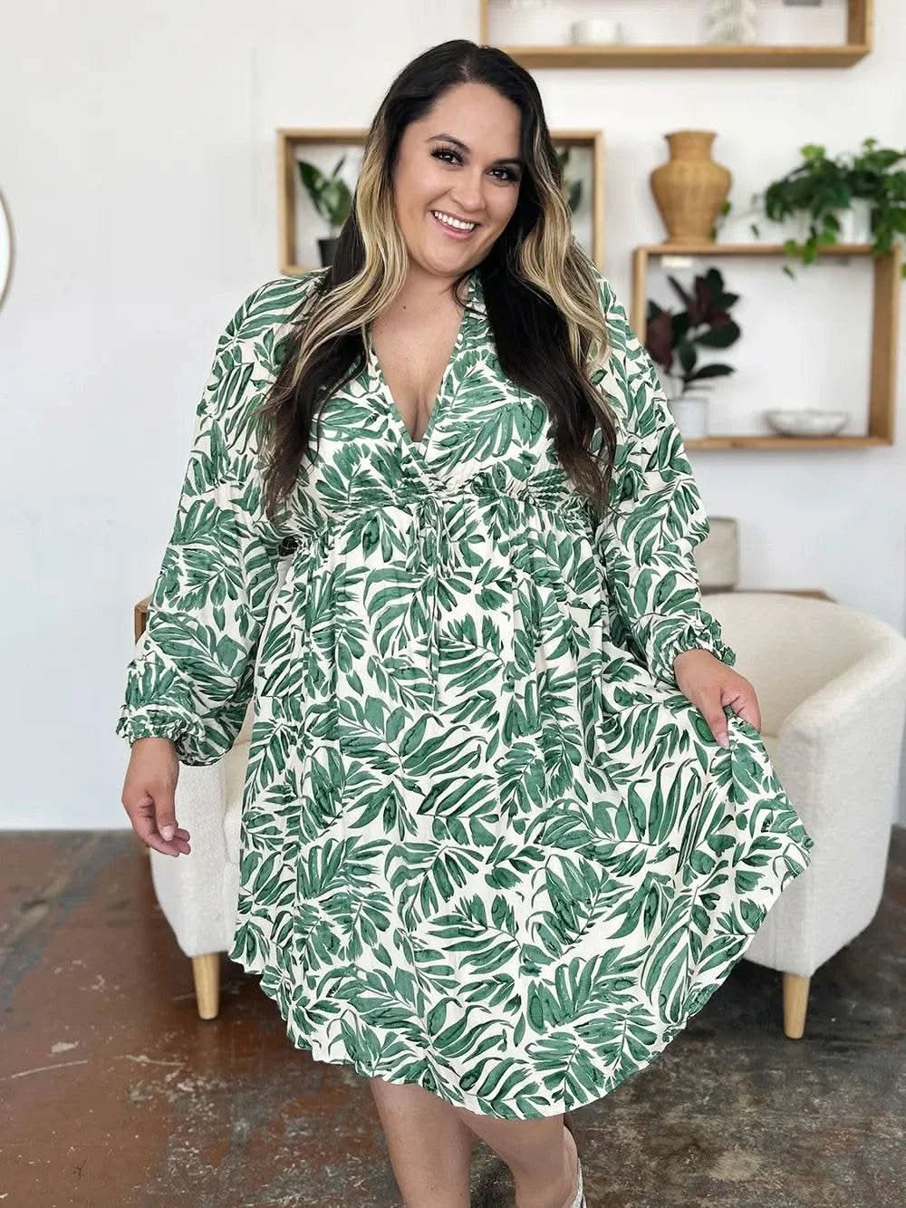 Double Take Full Size Printed Ruched Balloon Sleeve Dress - M & M Global