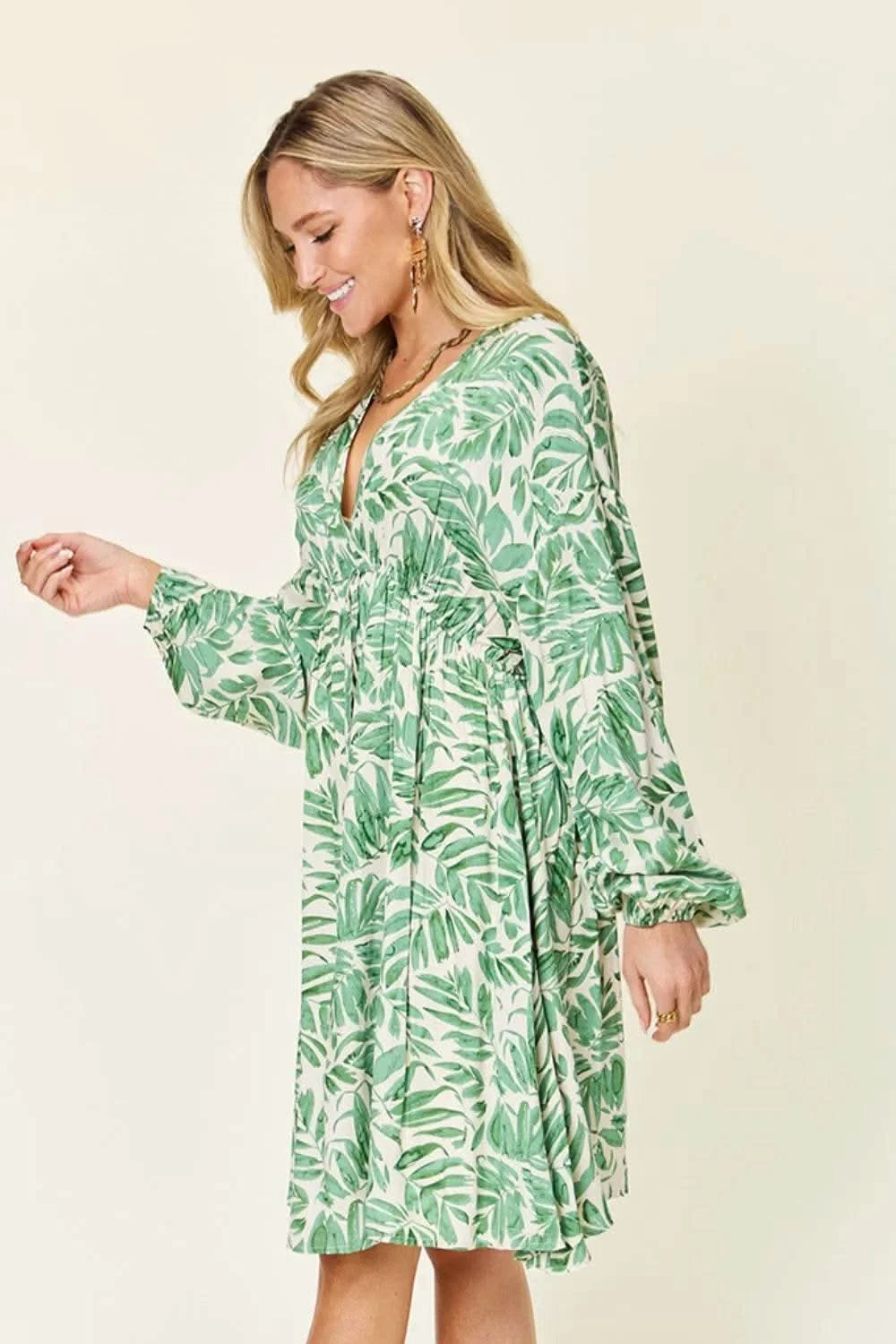 Double Take Full Size Printed Ruched Balloon Sleeve Dress - M & M Global
