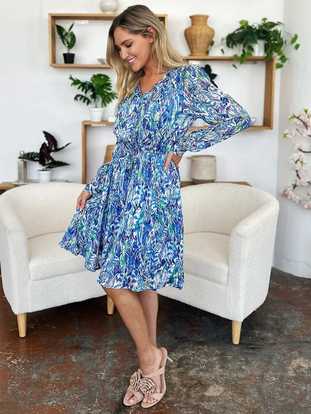 Double Take Full Size Printed Drawstring Waist Long Sleeve Dress - M & M Global