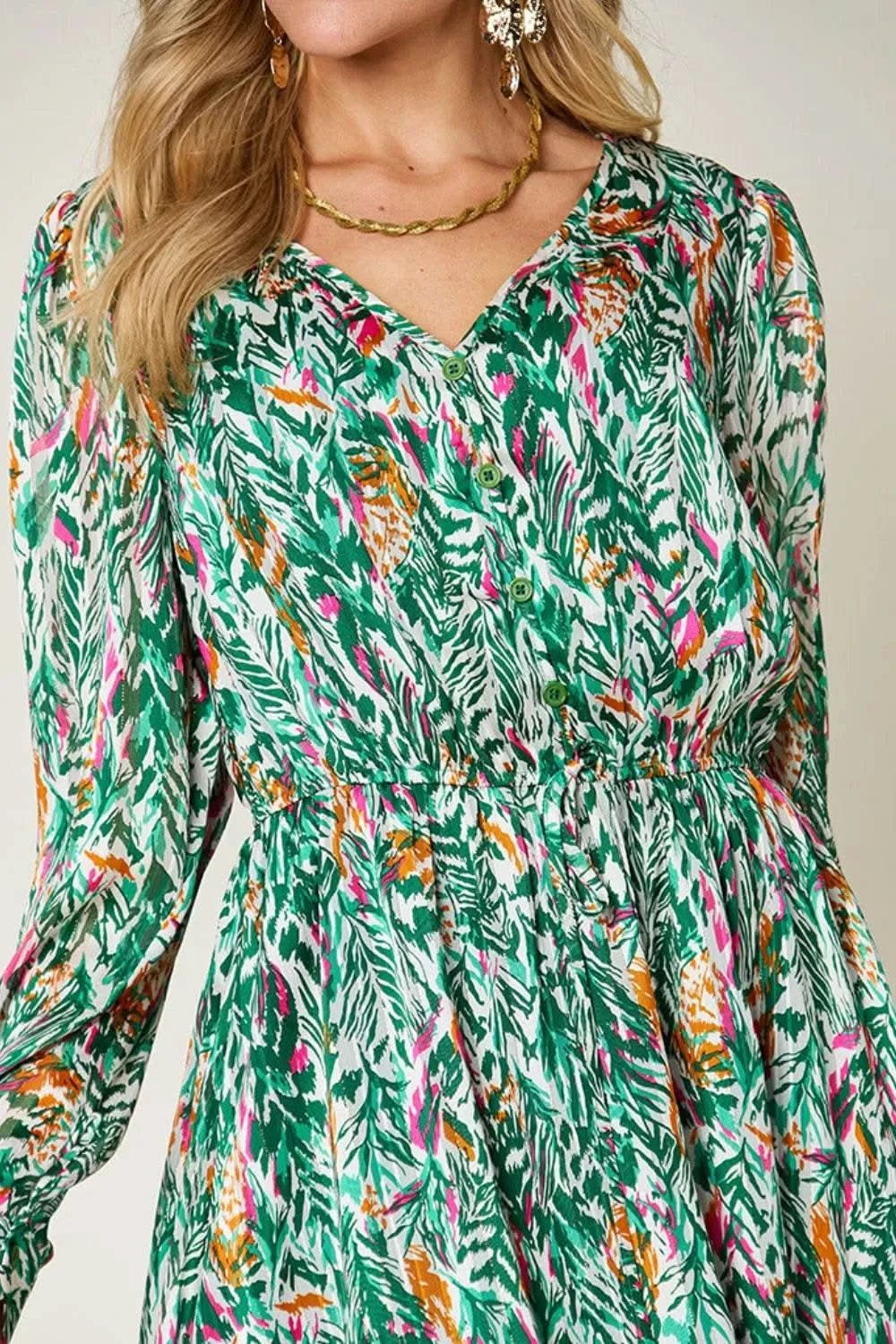 Double Take Full Size Printed Drawstring Waist Long Sleeve Dress - M & M Global