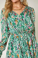 Double Take Full Size Printed Drawstring Waist Long Sleeve Dress - M & M Global