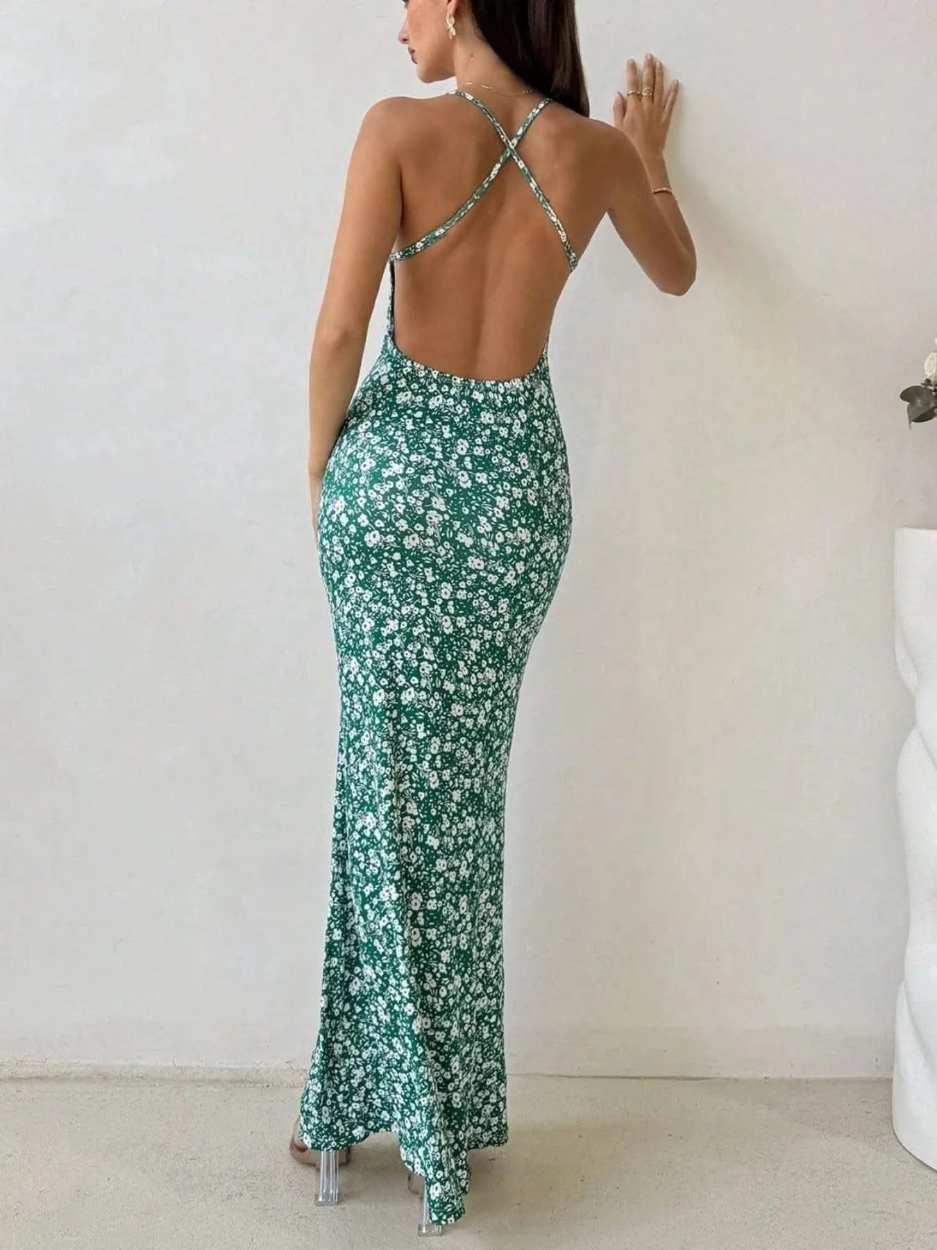 Crisscross Back Floral Print Bodycon Maxi Dress - M & M Global
