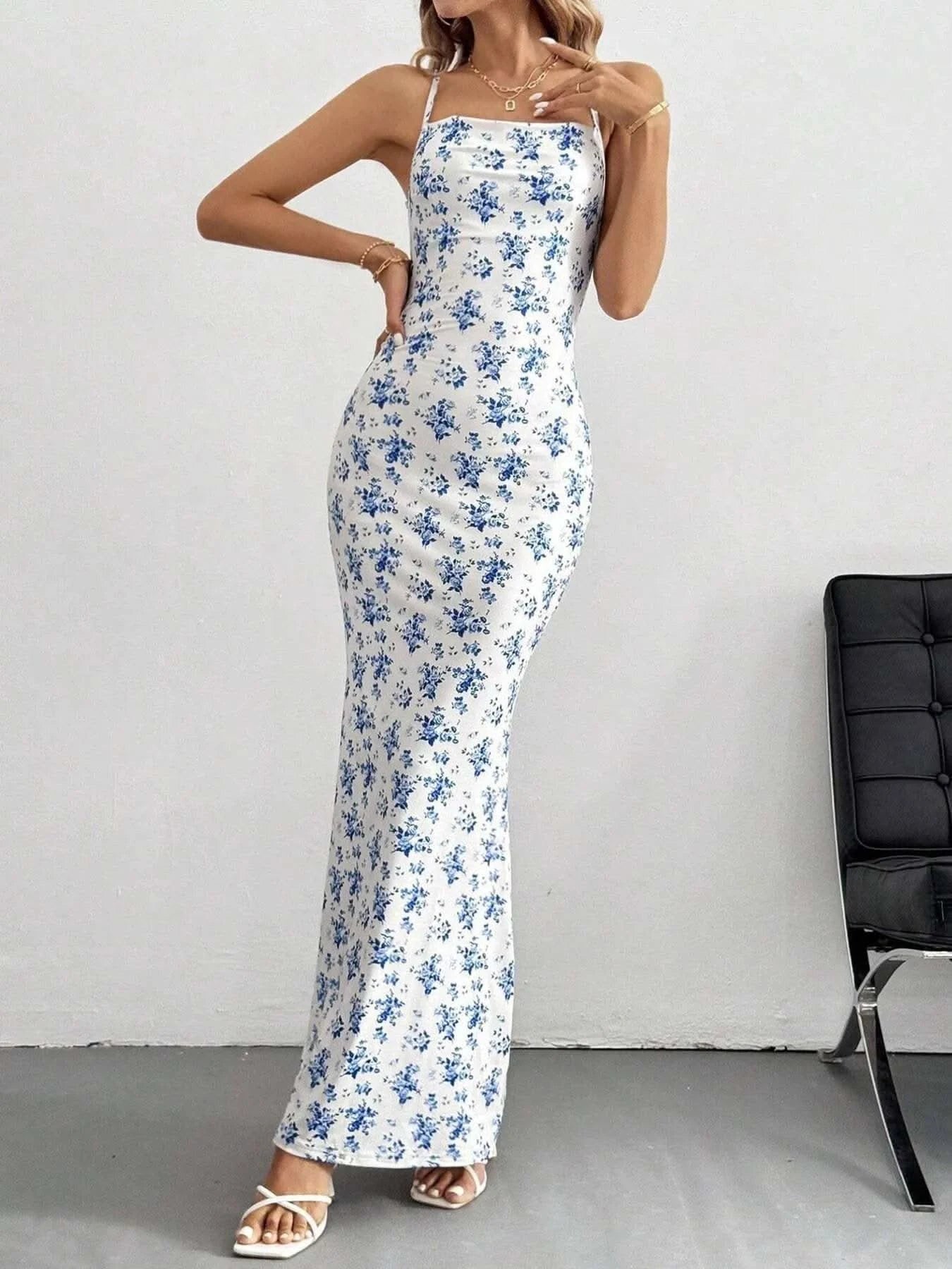 Crisscross Back Floral Print Bodycon Maxi Dress - M & M Global
