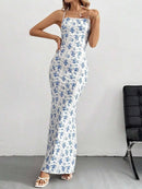 Crisscross Back Floral Print Bodycon Maxi Dress - M & M Global