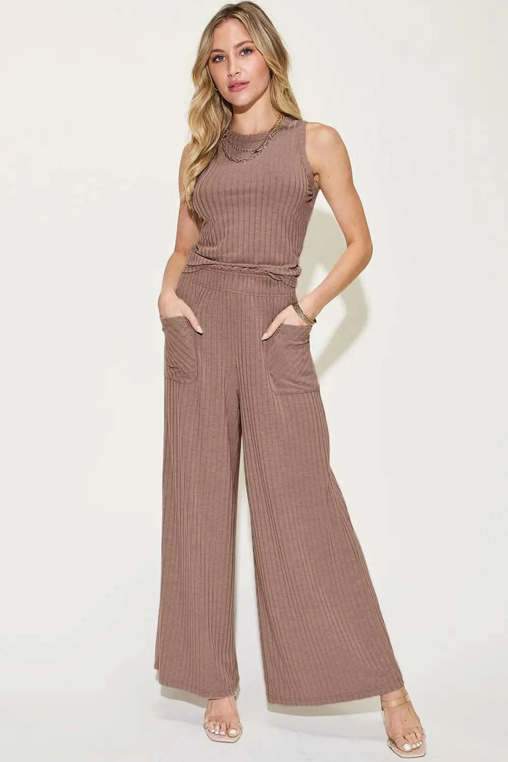 Basic Bae Full Size Ribbed Tank and Wide Leg Pants Set - M & M Global