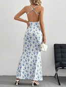 Crisscross Back Floral Print Bodycon Maxi Dress - M & M Global
