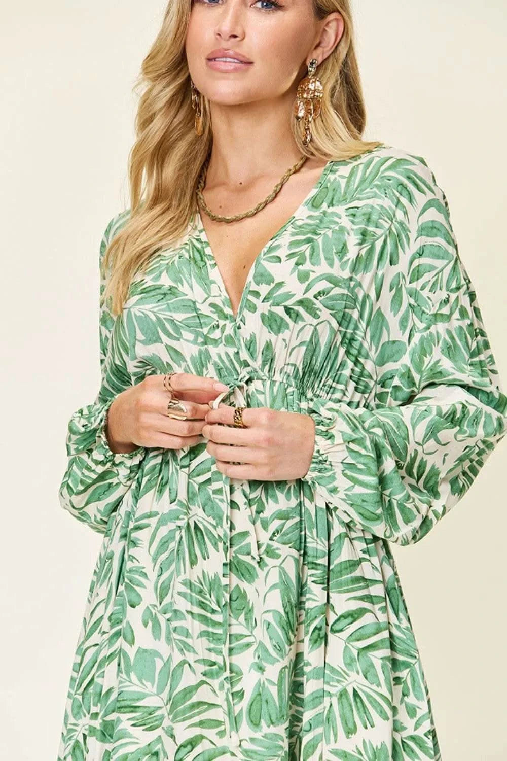 Double Take Full Size Printed Ruched Balloon Sleeve Dress - M & M Global