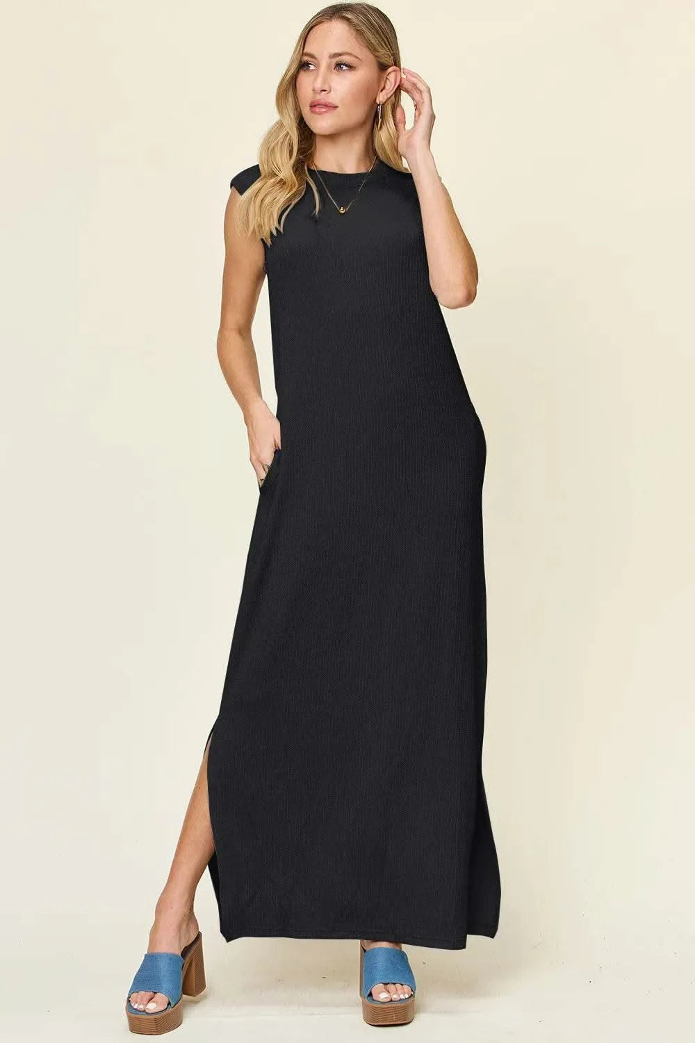 Double Take Full Size Texture Mock Neck Sleeveless Maxi Dress - M & M Global