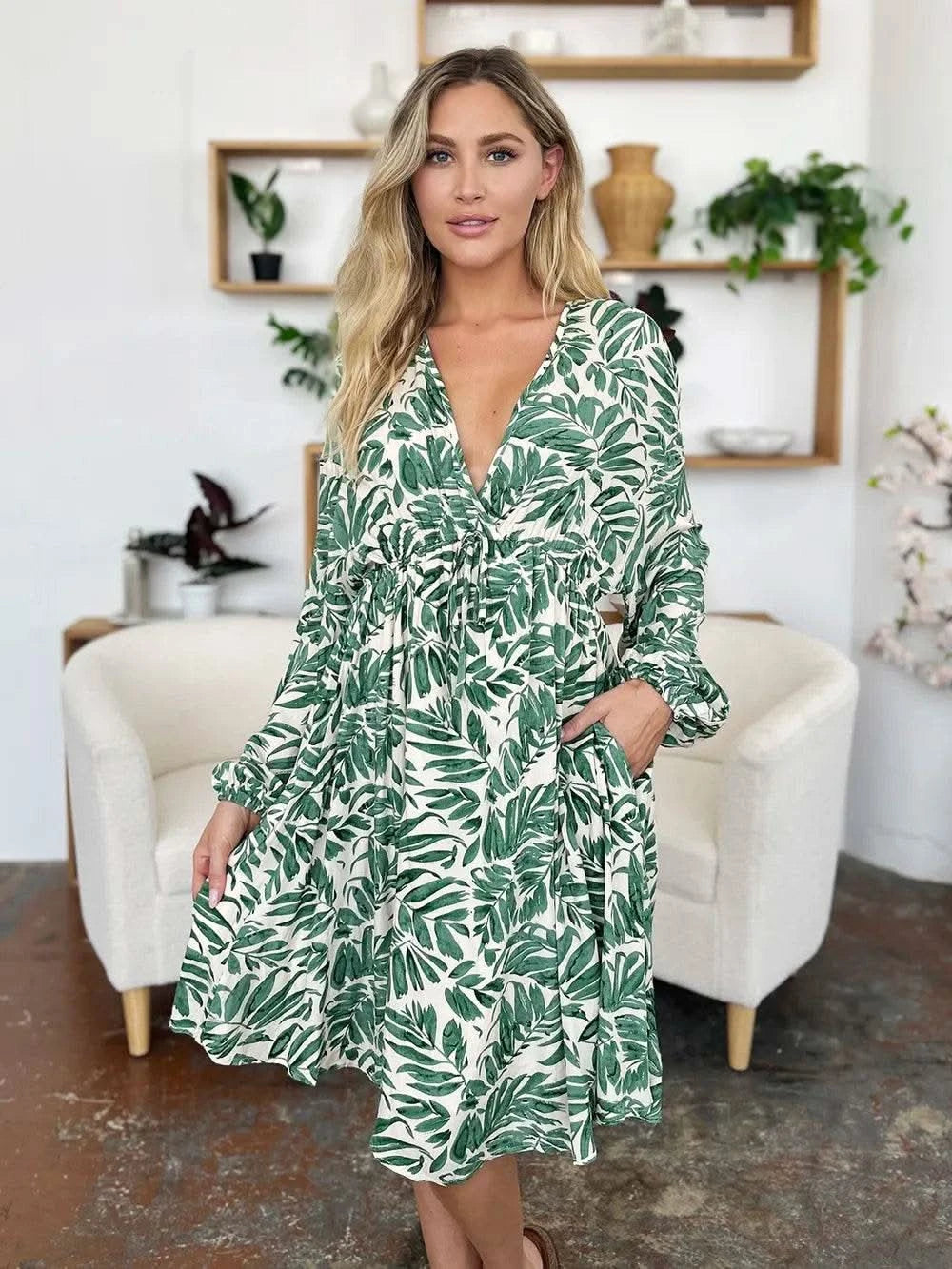 Double Take Full Size Printed Ruched Balloon Sleeve Dress - M & M Global