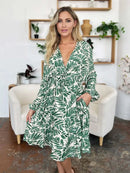 Double Take Full Size Printed Ruched Balloon Sleeve Dress - M & M Global
