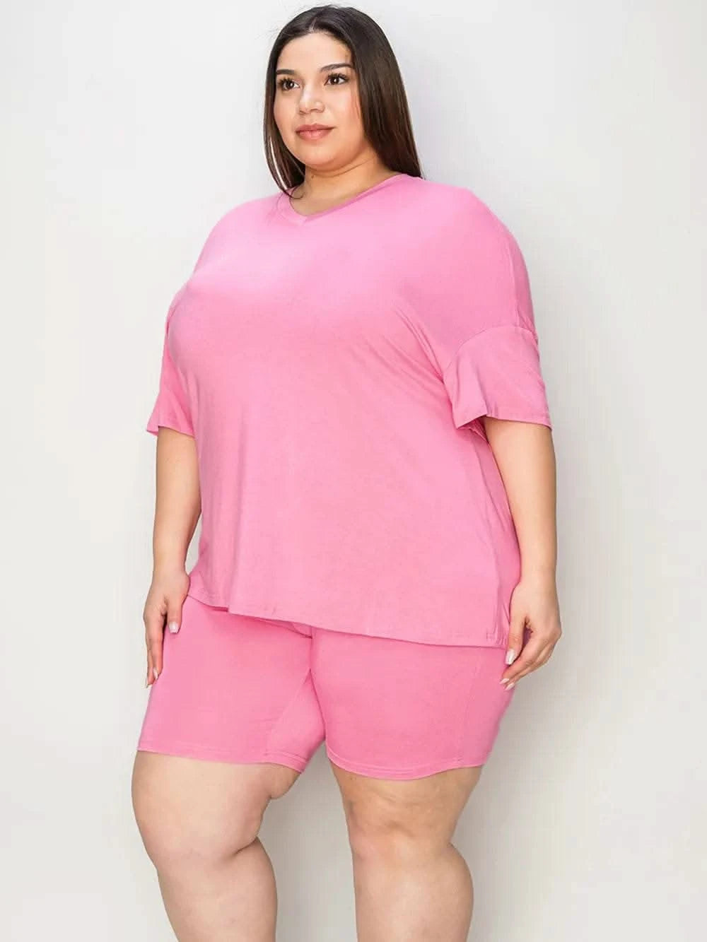 Basic Bae Full Size V-Neck Drop Shoulder T-Shirt and Shorts Set - M & M Global