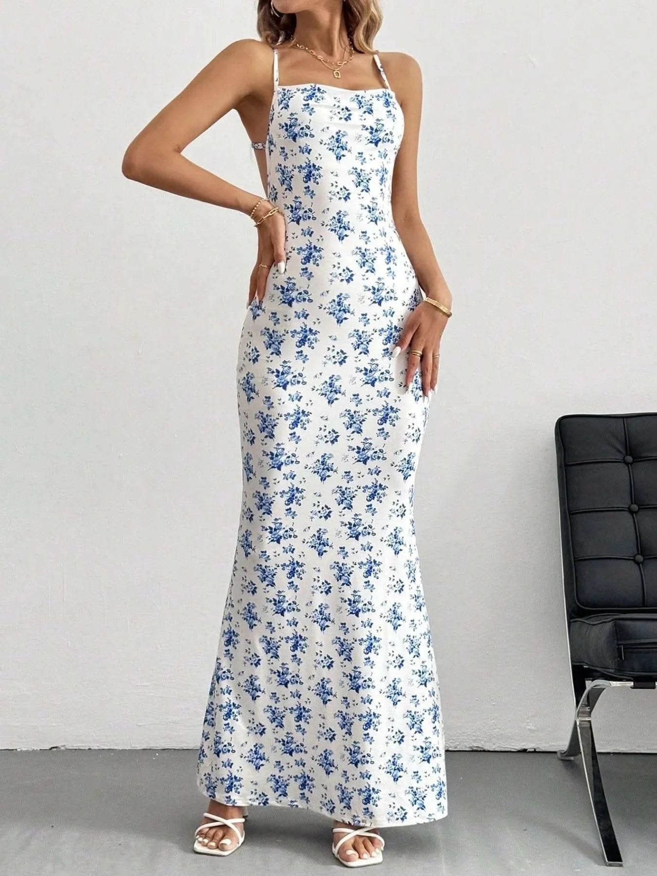 Crisscross Back Floral Print Bodycon Maxi Dress - M & M Global