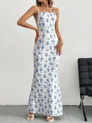 Crisscross Back Floral Print Bodycon Maxi Dress - M & M Global