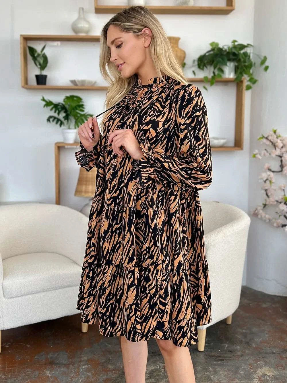 Double Take Full Size Printed Ruffle Hem Long Sleeve Dress - M & M Global