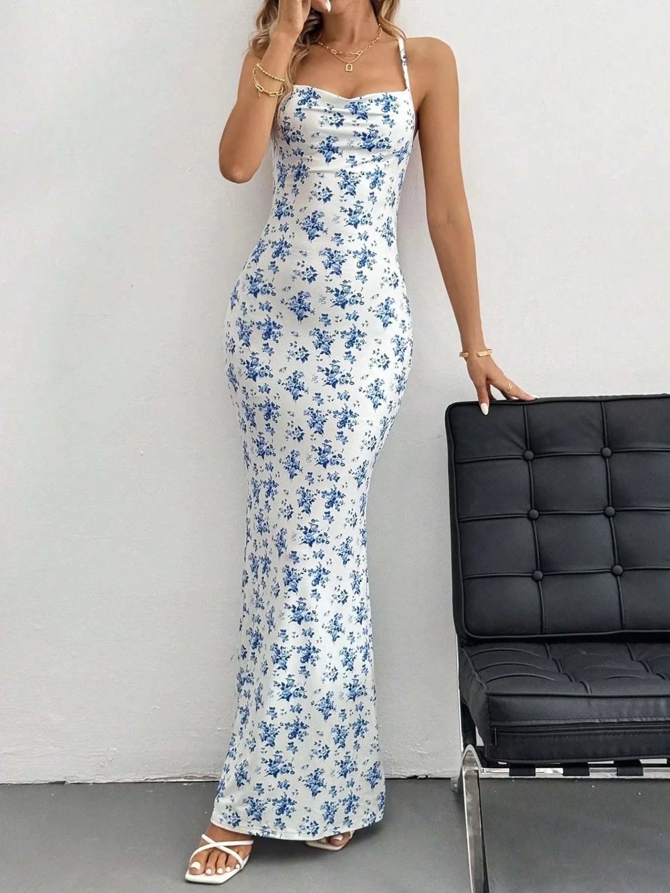 Crisscross Back Floral Print Bodycon Maxi Dress - M & M Global