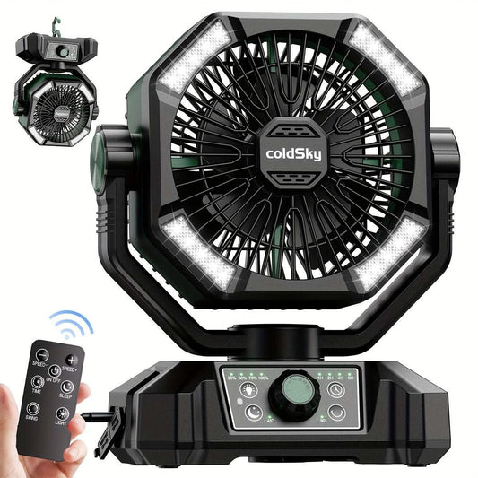 20000mAh Battery Powered Camping Fan - Dual Motor, 8-Speed With Remote Control & 4 LED Lanterns, Portable Outdoor Fan With Hook For Tent, Power Outage, Construction Site - M & M Global