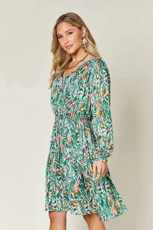 Double Take Full Size Printed Drawstring Waist Long Sleeve Dress - M & M Global