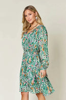 Double Take Full Size Printed Drawstring Waist Long Sleeve Dress - M & M Global