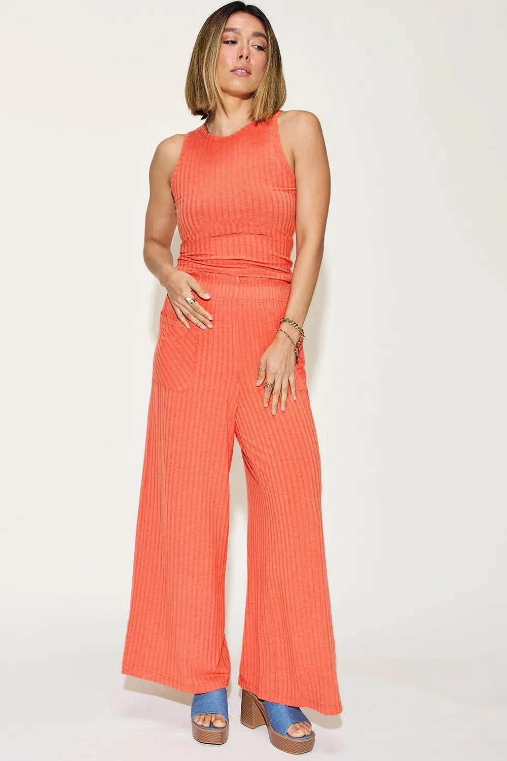 Basic Bae Full Size Ribbed Tank and Wide Leg Pants Set - M & M Global