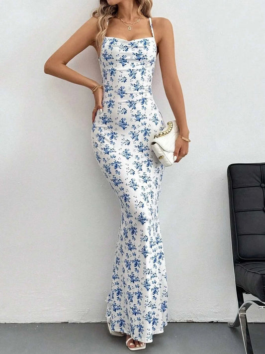 Crisscross Back Floral Print Bodycon Maxi Dress - M & M Global