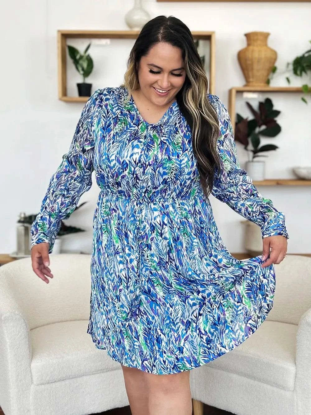 Double Take Full Size Printed Drawstring Waist Long Sleeve Dress - M & M Global