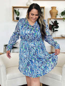 Double Take Full Size Printed Drawstring Waist Long Sleeve Dress - M & M Global