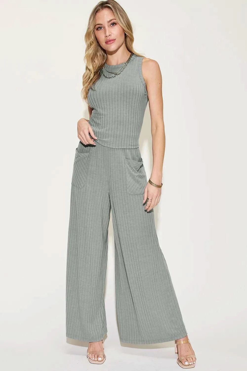 Basic Bae Full Size Ribbed Tank and Wide Leg Pants Set - M & M Global