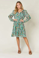 Double Take Full Size Printed Drawstring Waist Long Sleeve Dress - M & M Global