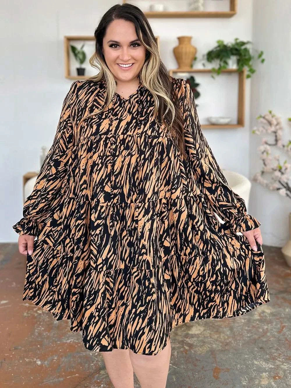 Double Take Full Size Printed Ruffle Hem Long Sleeve Dress - M & M Global