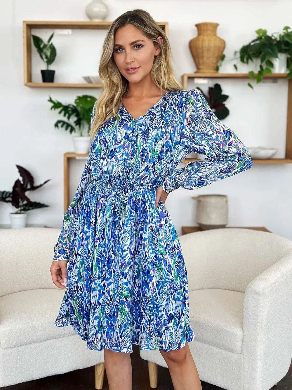 Double Take Full Size Printed Drawstring Waist Long Sleeve Dress - M & M Global