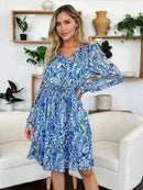 Double Take Full Size Printed Drawstring Waist Long Sleeve Dress - M & M Global