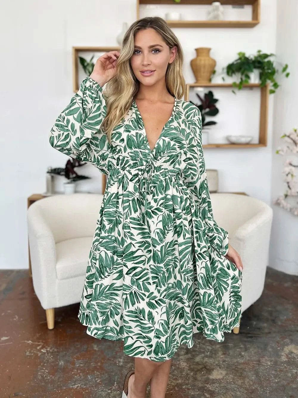 Double Take Full Size Printed Ruched Balloon Sleeve Dress - M & M Global
