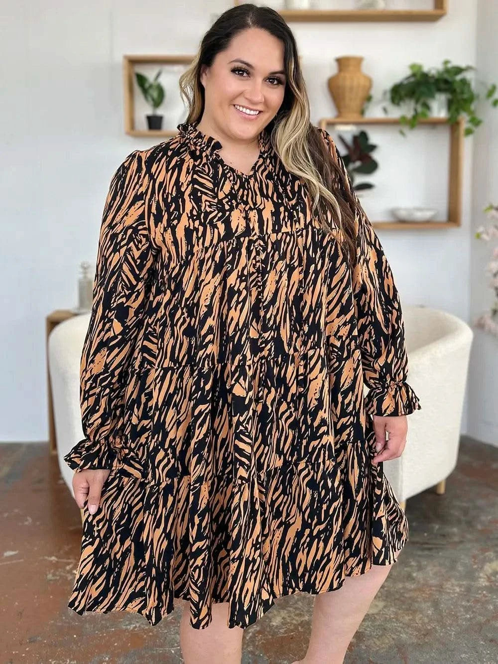 Double Take Full Size Printed Ruffle Hem Long Sleeve Dress - M & M Global