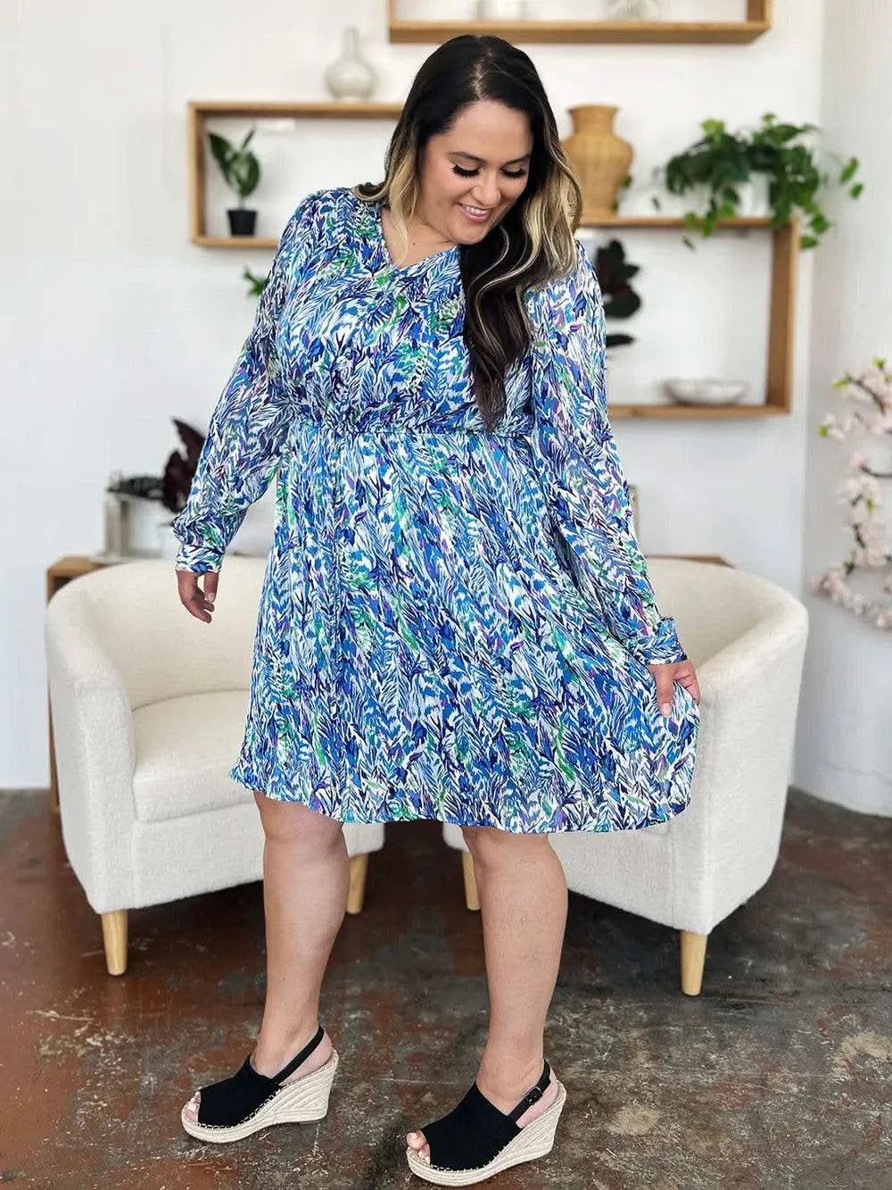 Double Take Full Size Printed Drawstring Waist Long Sleeve Dress - M & M Global