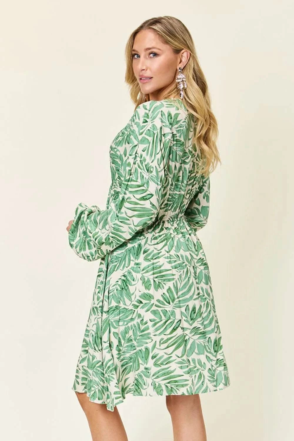 Double Take Full Size Printed Ruched Balloon Sleeve Dress - M & M Global