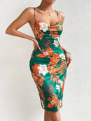 Crisscross Back Floral Print Bodycon Dress - M & M Global