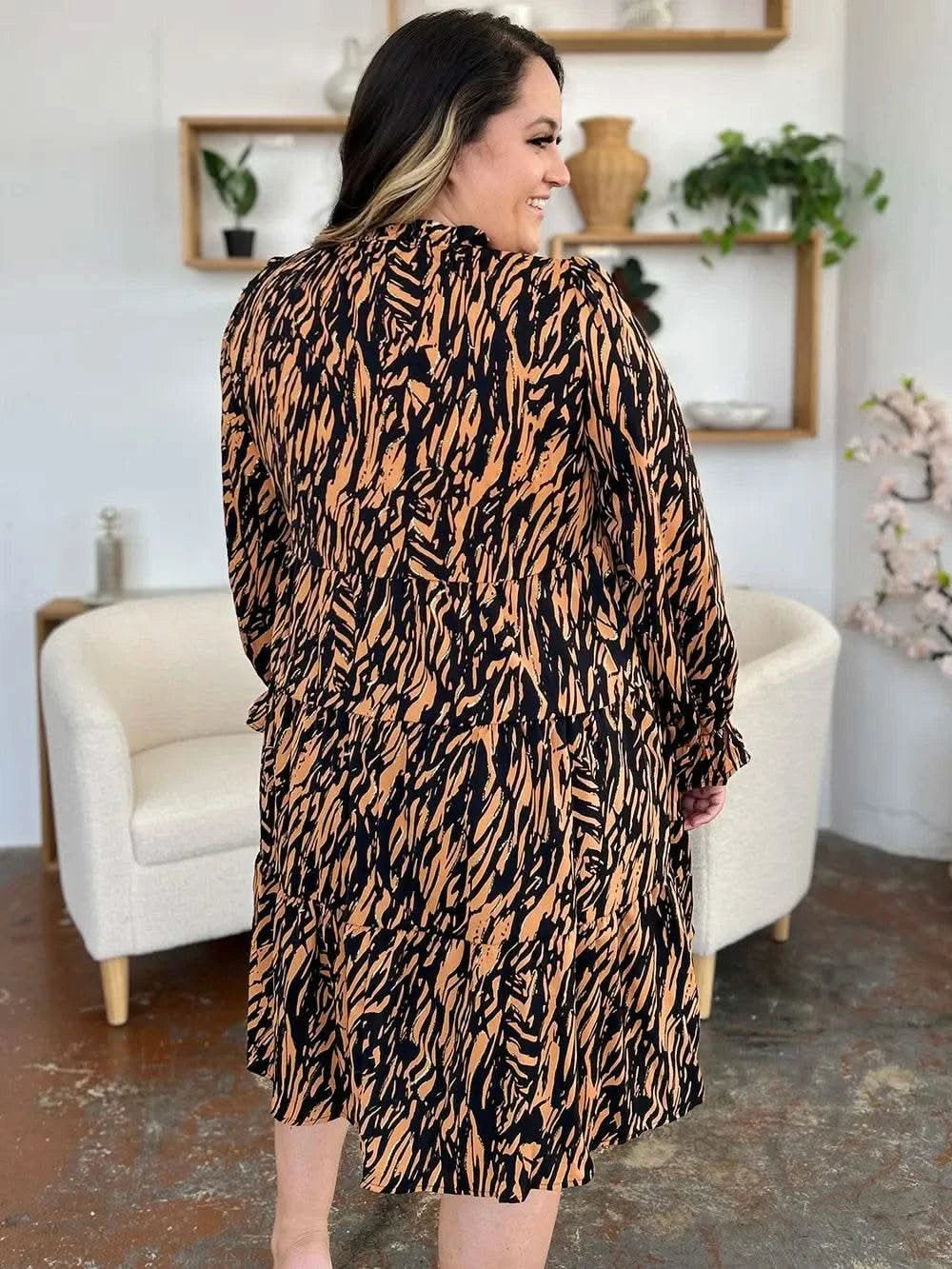 Double Take Full Size Printed Ruffle Hem Long Sleeve Dress - M & M Global
