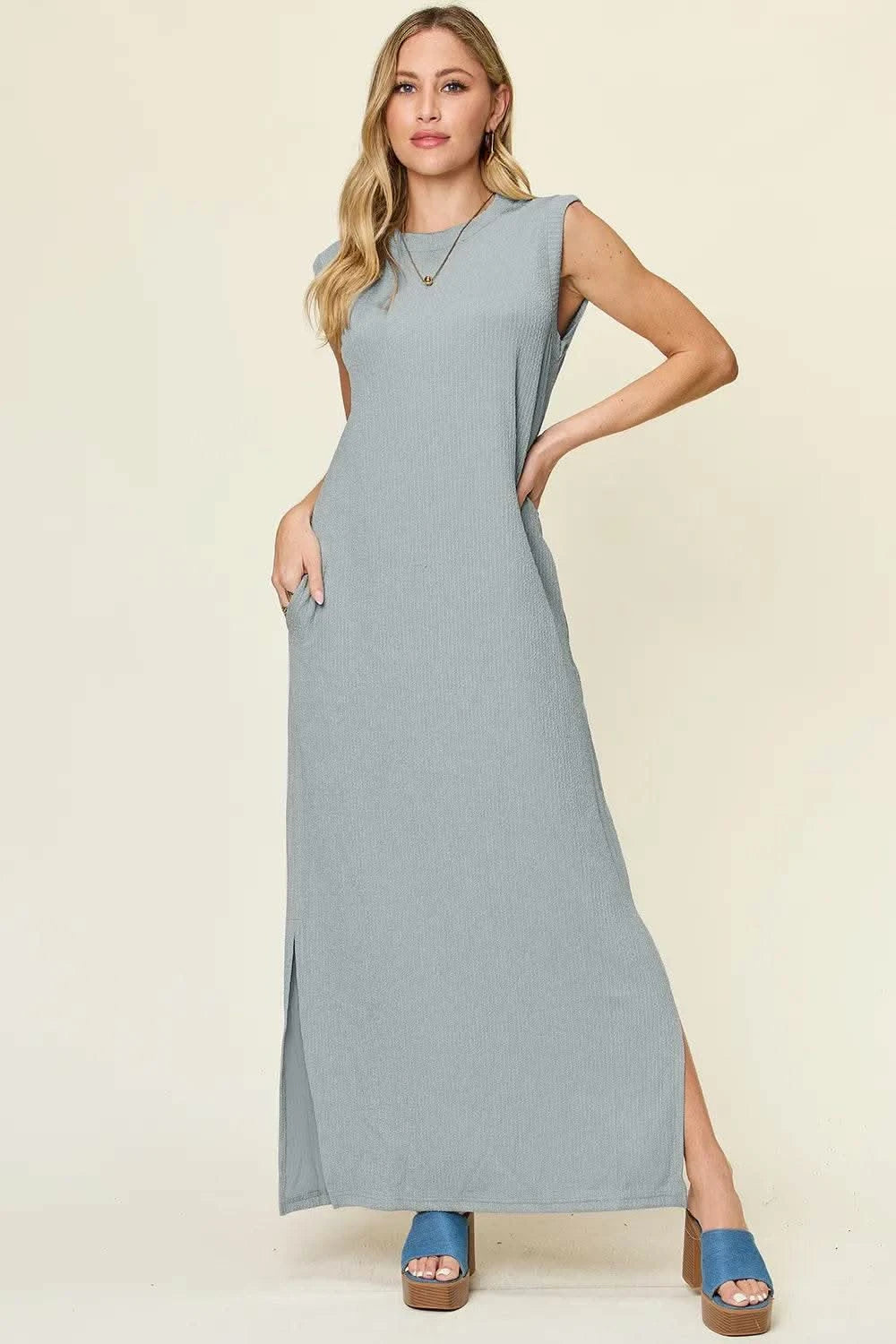 Double Take Full Size Texture Mock Neck Sleeveless Maxi Dress - M & M Global