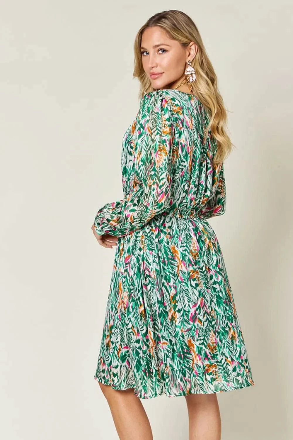 Double Take Full Size Printed Drawstring Waist Long Sleeve Dress - M & M Global